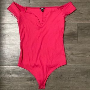 Hot pink off the shoulder ribbed thong bodysuit